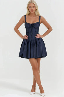 Syra Short Dress Woman – Satin Corset Dress with Flared Babydoll Skirt & Lace Finishes