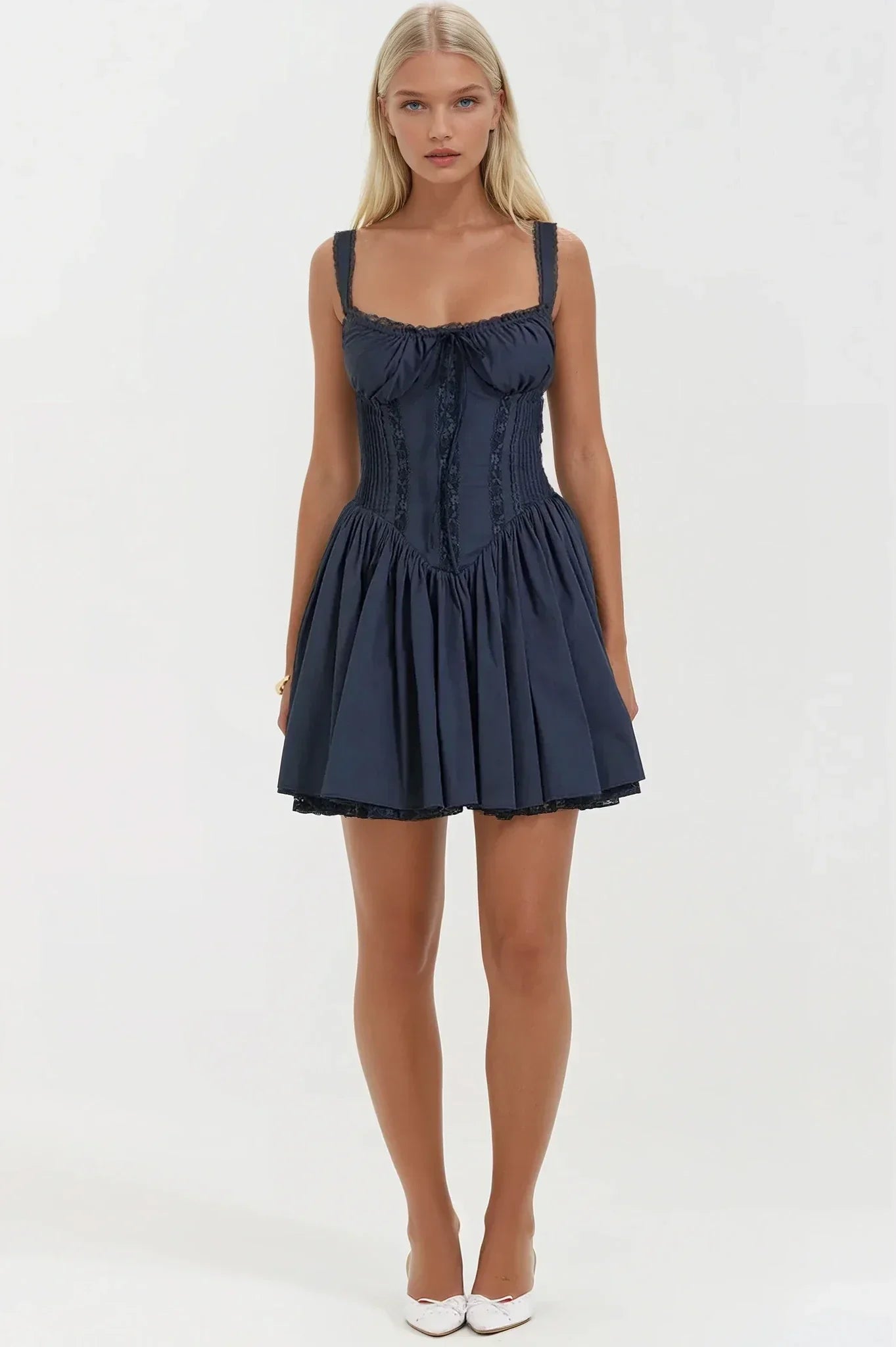 Syra Short Dress Woman – Satin Corset Dress with Flared Babydoll Skirt & Lace Finishes