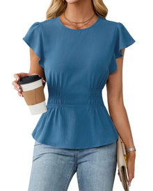 Divina Women's Blouse – Round Neck, Ruffled Sleeves, Smocked Waist & Business Casual Style