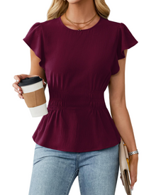 Divina Women's Blouse – Round Neck, Ruffled Sleeves, Smocked Waist & Business Casual Style