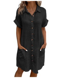 Yvette Women's Dress – V-Neck Button-Down Shirt Dress with Pockets, Flowing Cut, Bohemian Chic
