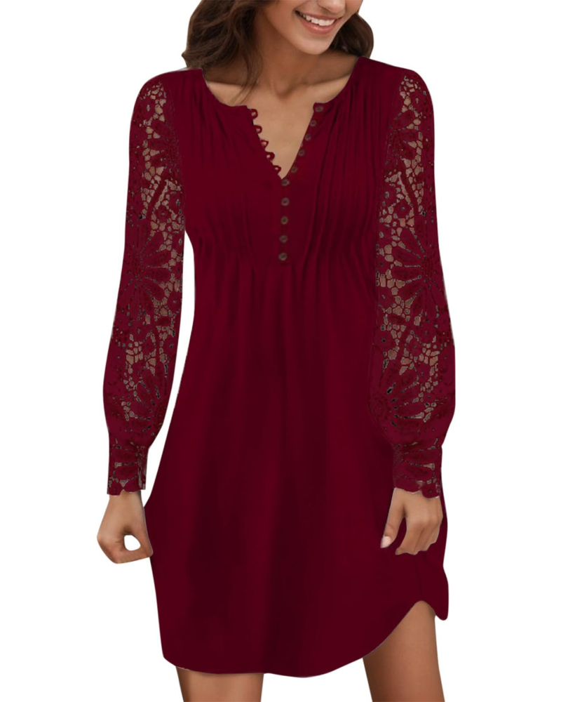 Maricel Women's Dress – Short Lace Dress with V-Neck, Long Sleeves, Fitted Cut, Chic and Elegant