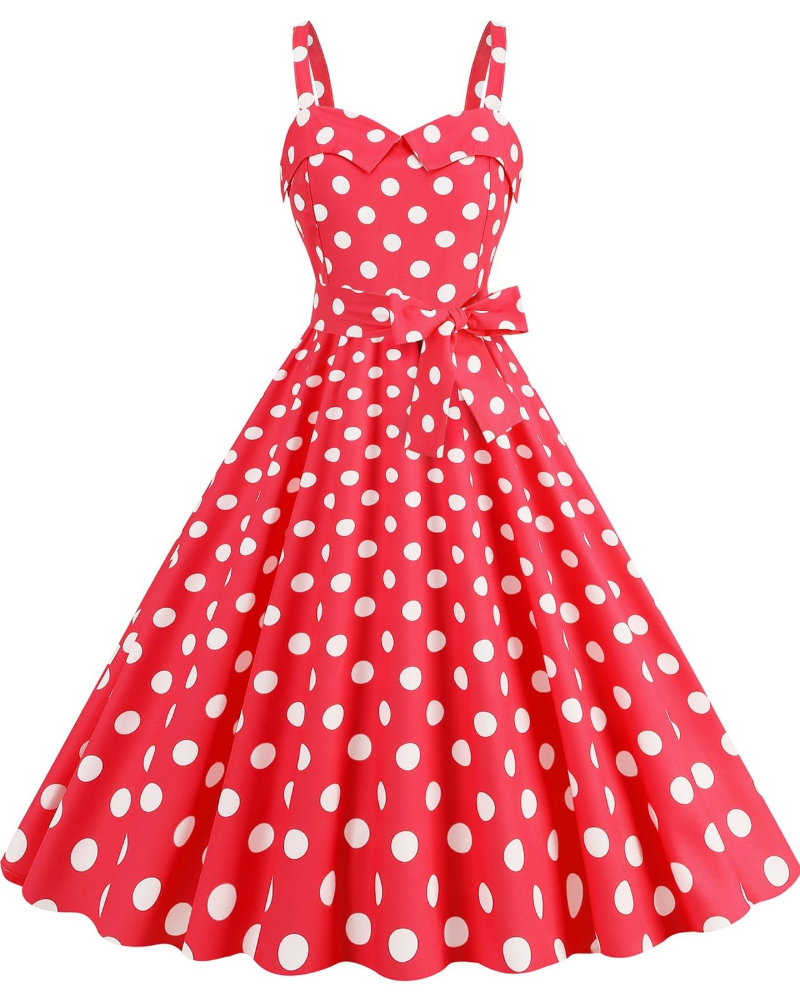 Rosie Women's Dress – Vintage Polka Dot Midi Dress V-Neck Sleeveless High Waist Chic Rockabilly