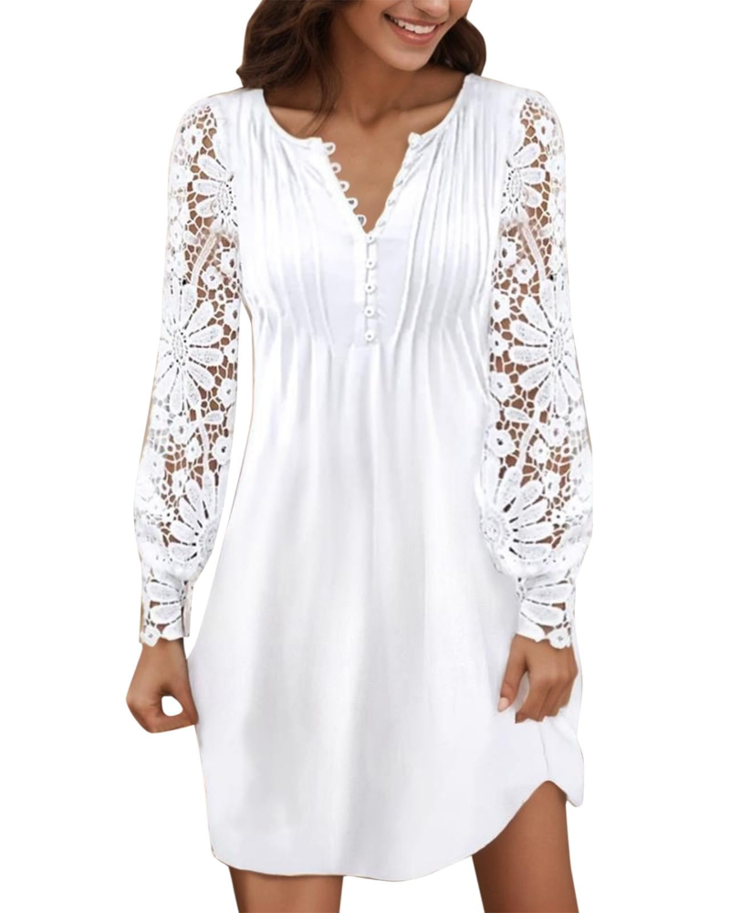 Maricel Women's Dress – Short Lace Dress with V-Neck, Long Sleeves, Fitted Cut, Chic and Elegant