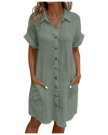 Yvette Women's Dress – V-Neck Button-Down Shirt Dress with Pockets, Flowing Cut, Bohemian Chic