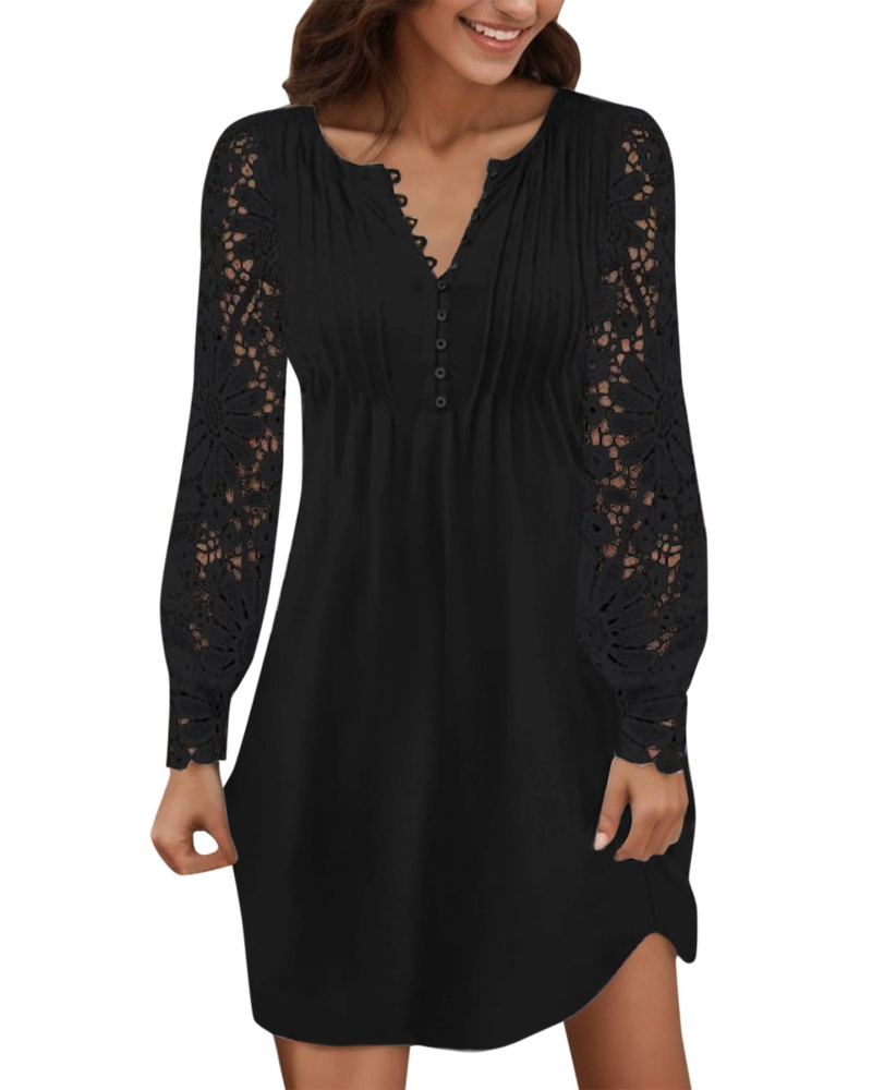 Maricel Women's Dress – Short Lace Dress with V-Neck, Long Sleeves, Fitted Cut, Chic and Elegant