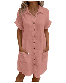 Yvette Women's Dress – V-Neck Button-Down Shirt Dress with Pockets, Flowing Cut, Bohemian Chic
