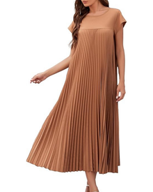 Ginny Long Women's Robe – Pleated, Round Neck & Pockets, Flowing Cut, Elegant Summer