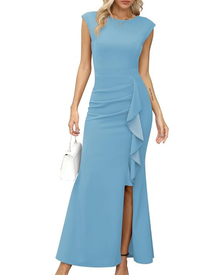 Rhea Long Dress for Women – Mermaid Cut, Round Neck & Elegant Ruffled Slit for Evening