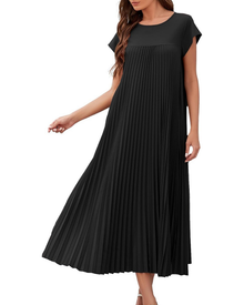 Ginny Long Women's Robe – Pleated, Round Neck & Pockets, Flowing Cut, Elegant Summer