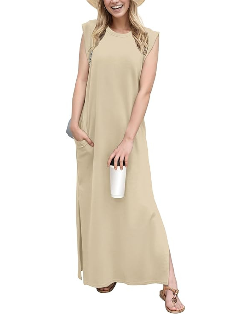 Tulip Long Dress for Women – Sleeveless, Round Neck & Pockets, Elegant Flowing Summer