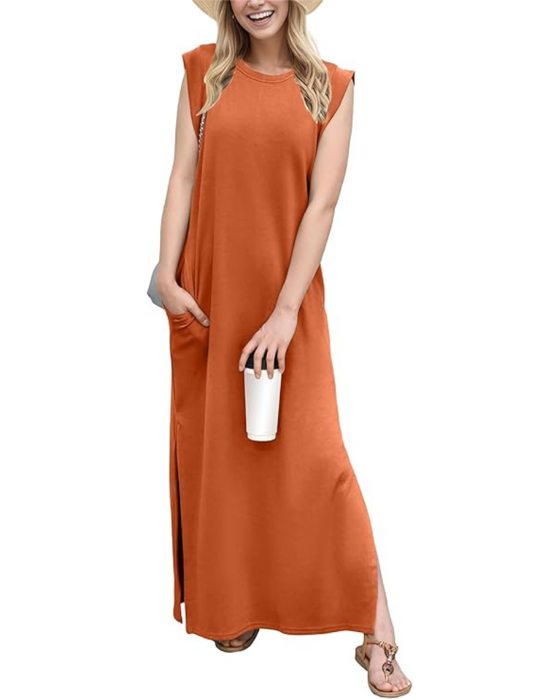 Tulip Long Dress for Women – Sleeveless, Round Neck & Pockets, Elegant Flowing Summer