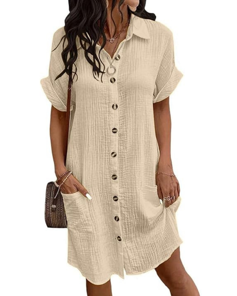 Rose Robe Chemise Women’s – Cotton Linen, V-Neck & Buttoned A-Line Cut Casual Summer