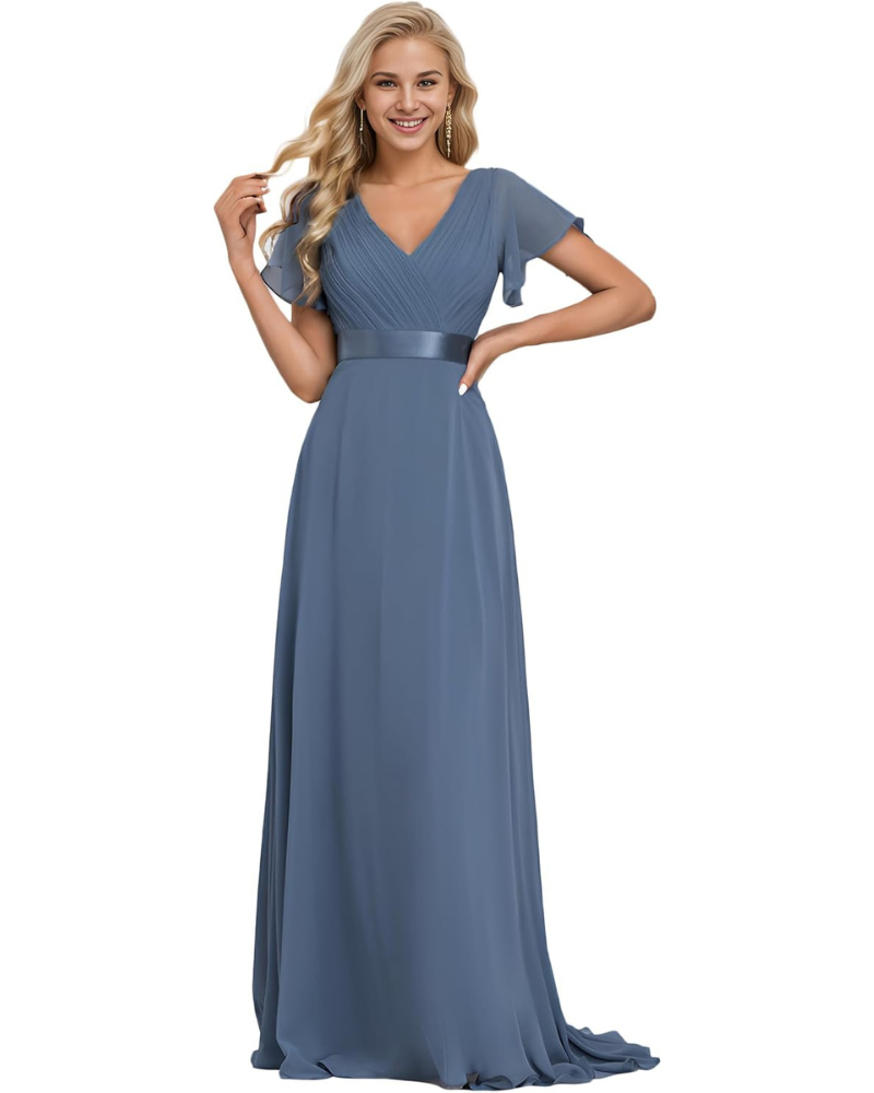 Skye Long Women's Dress – Chiffon, V-Neck & Elegant Empire Waist Evening