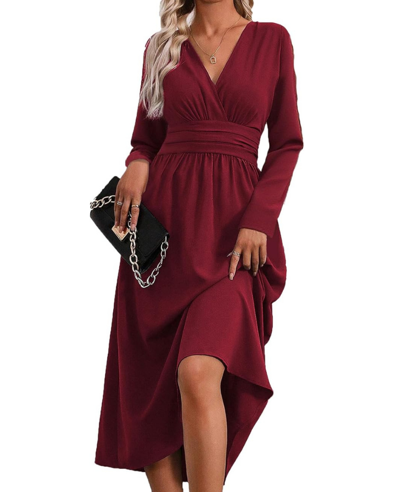Gracie Women's Long Robe – V-Neck, Batwing Sleeves & Elegant Pleated Cut
