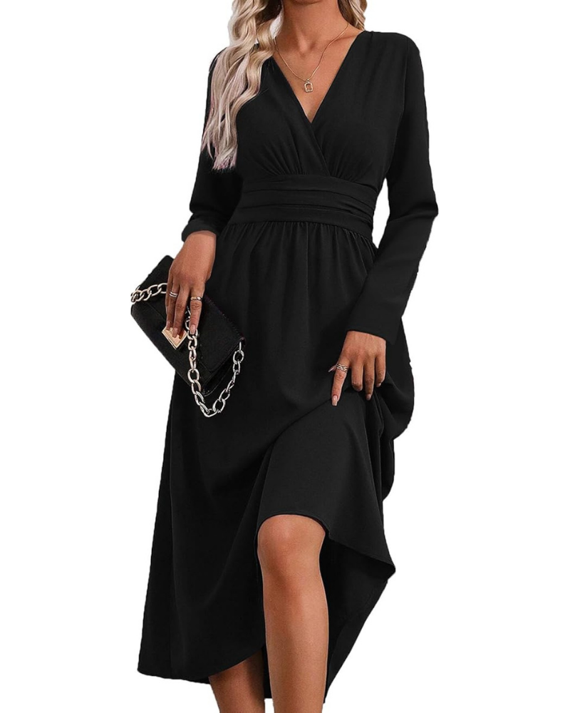 Gracie Women's Long Robe – V-Neck, Batwing Sleeves & Elegant Pleated Cut