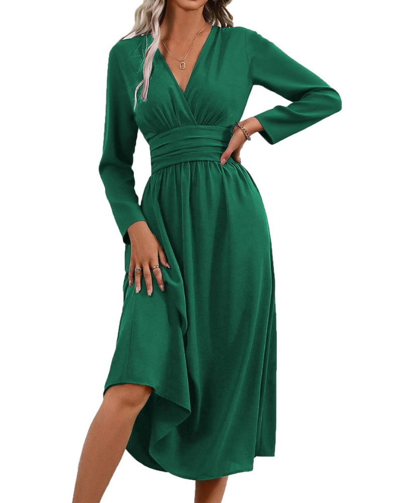 Gracie Women's Long Robe – V-Neck, Batwing Sleeves & Elegant Pleated Cut
