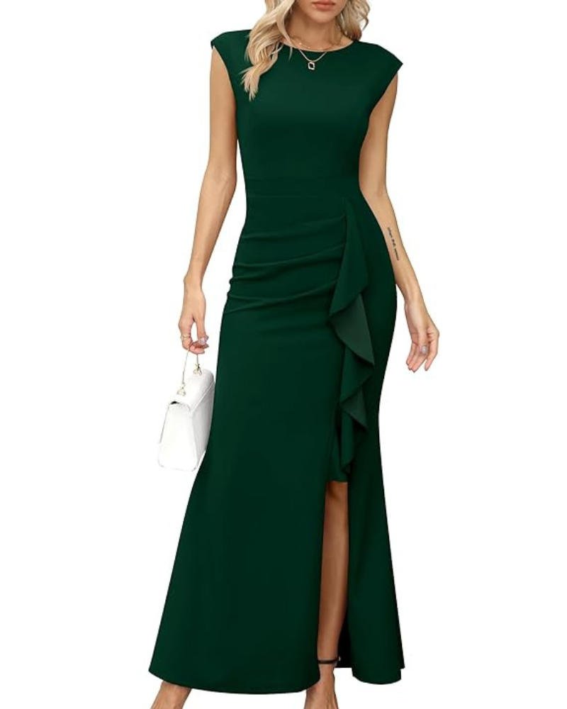 Rhea Long Dress for Women – Mermaid Cut, Round Neck & Elegant Ruffled Slit for Evening