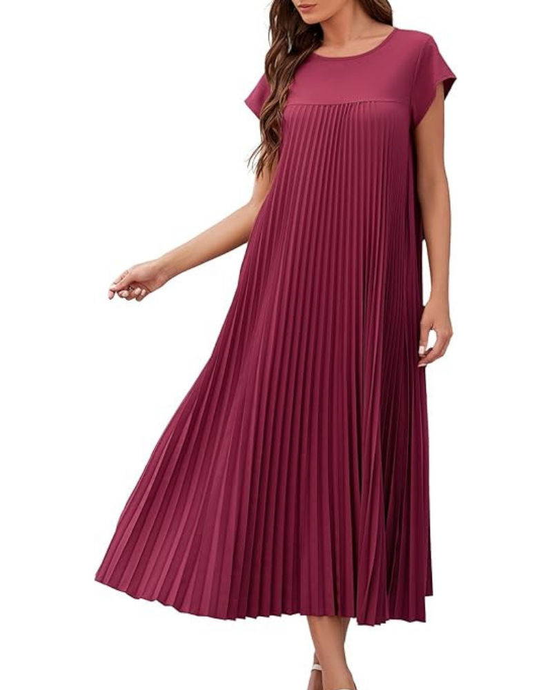 Ginny Long Women's Robe – Pleated, Round Neck & Pockets, Flowing Cut, Elegant Summer