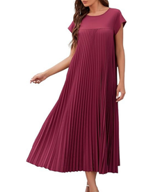 Ginny Long Women's Robe – Pleated, Round Neck & Pockets, Flowing Cut, Elegant Summer