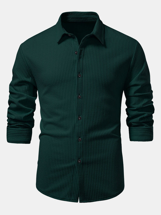 Ribbed Long Sleeve Muscle-Fit Button-Up Shirt