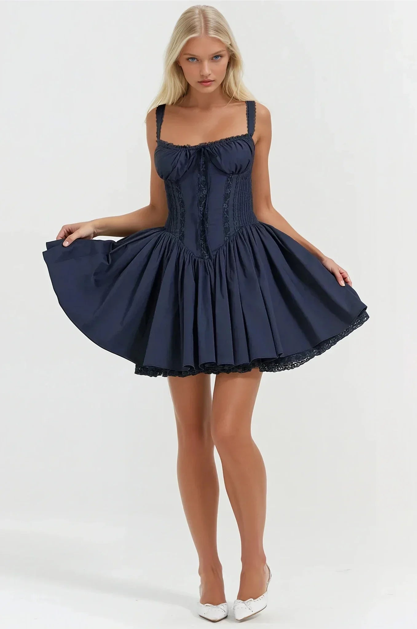 Syra Short Dress Woman – Satin Corset Dress with Flared Babydoll Skirt & Lace Finishes