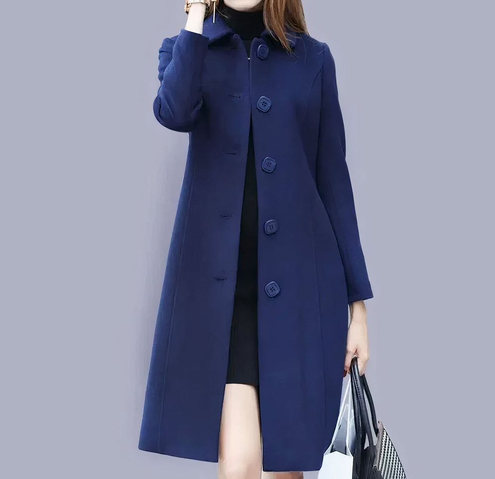 Analia Women's Elegant Coat – Long Classic with Chic Collar, Buttons & Comfortable Fit