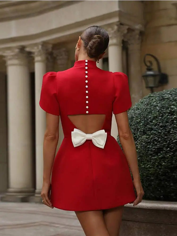 Lissane Robe Mini Red Woman – Chic Summer Dress with Bow Detail and Elegant Cutouts