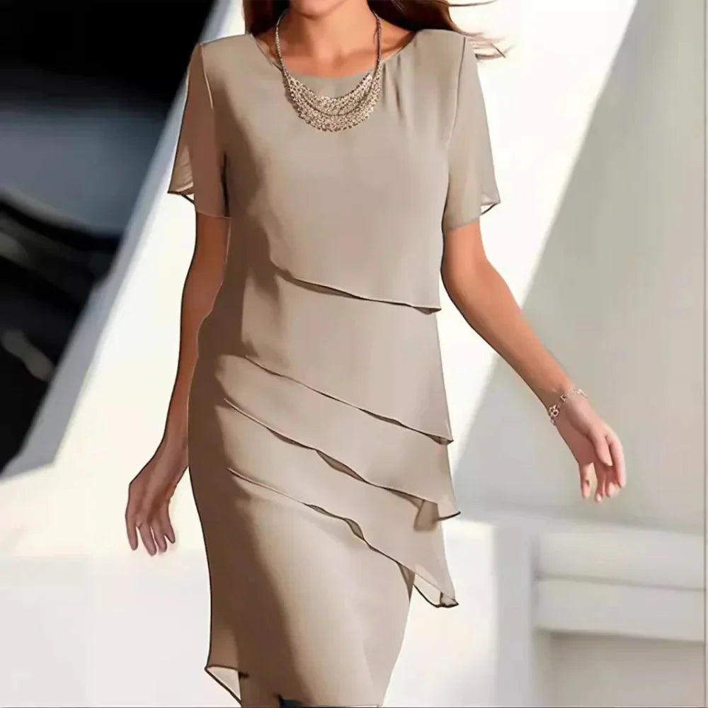 Elena Midi Dress Woman – Elegant Chiffon Dress with Tiered Design & Refined Details