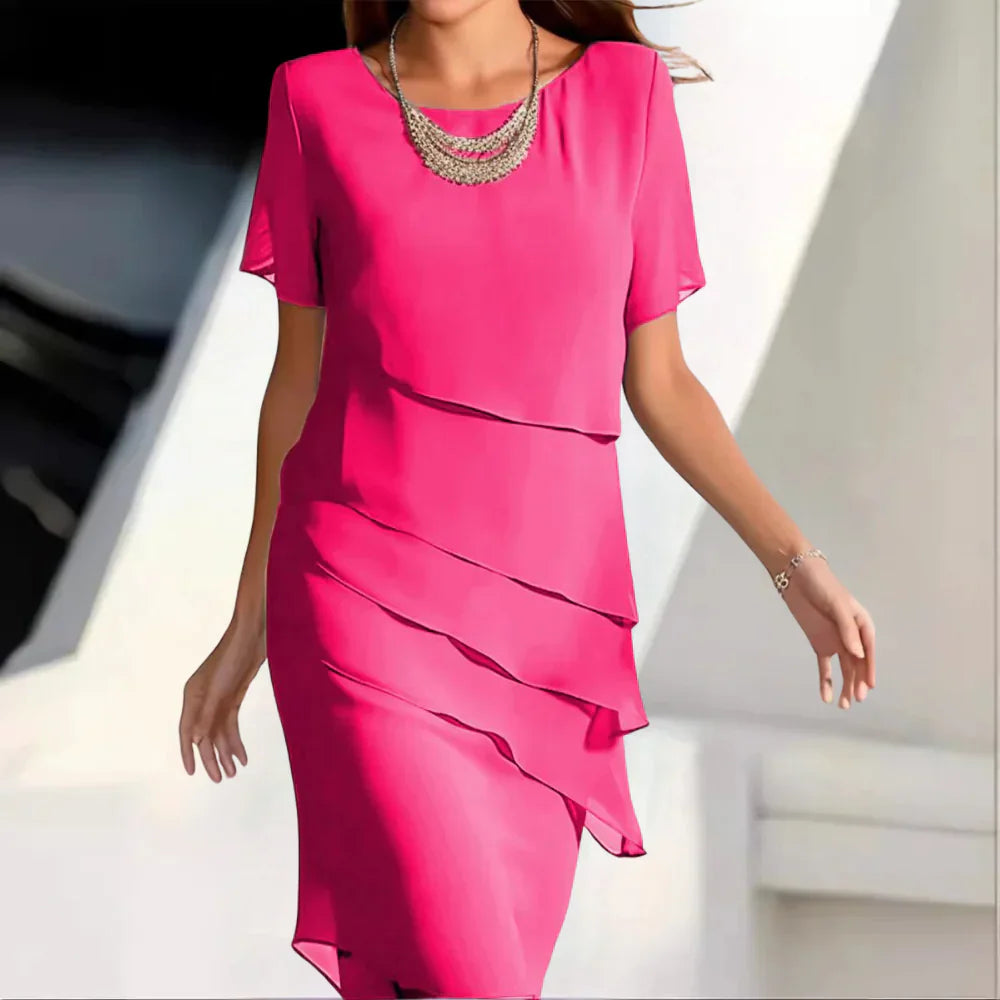 Elena Midi Dress Woman – Elegant Chiffon Dress with Tiered Design & Refined Details