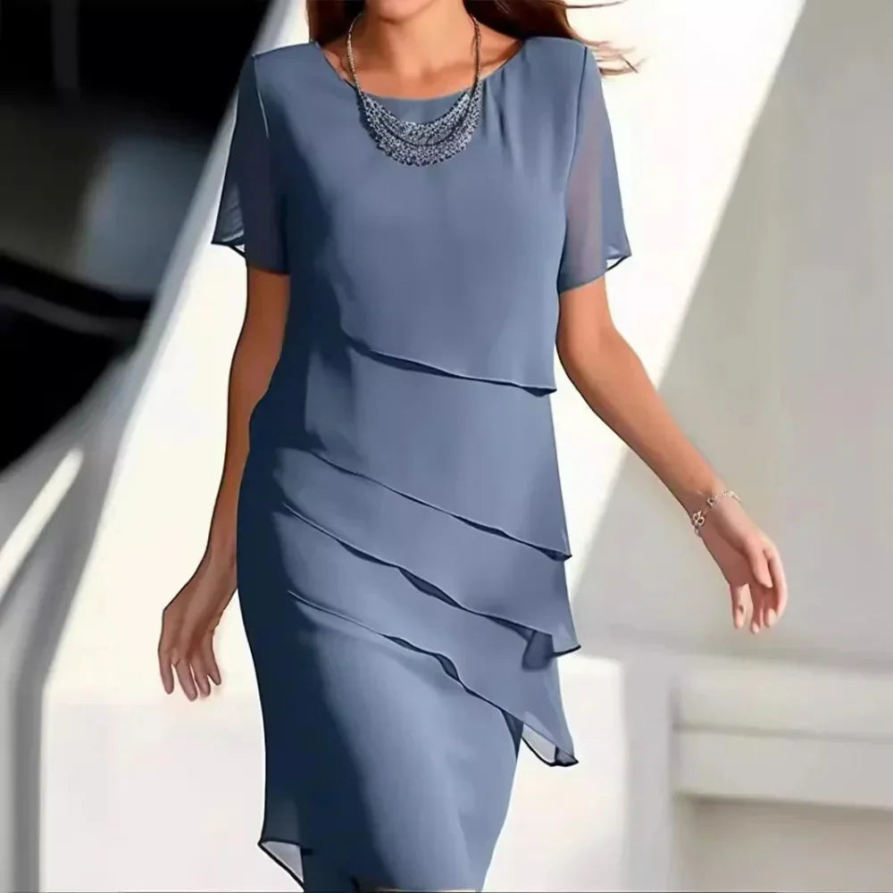 Elena Midi Dress Woman – Elegant Chiffon Dress with Tiered Design & Refined Details
