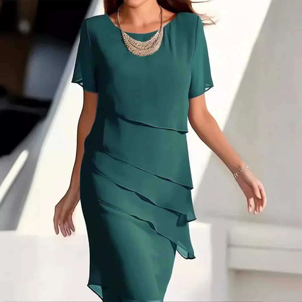 Elena Midi Dress Woman – Elegant Chiffon Dress with Tiered Design & Refined Details
