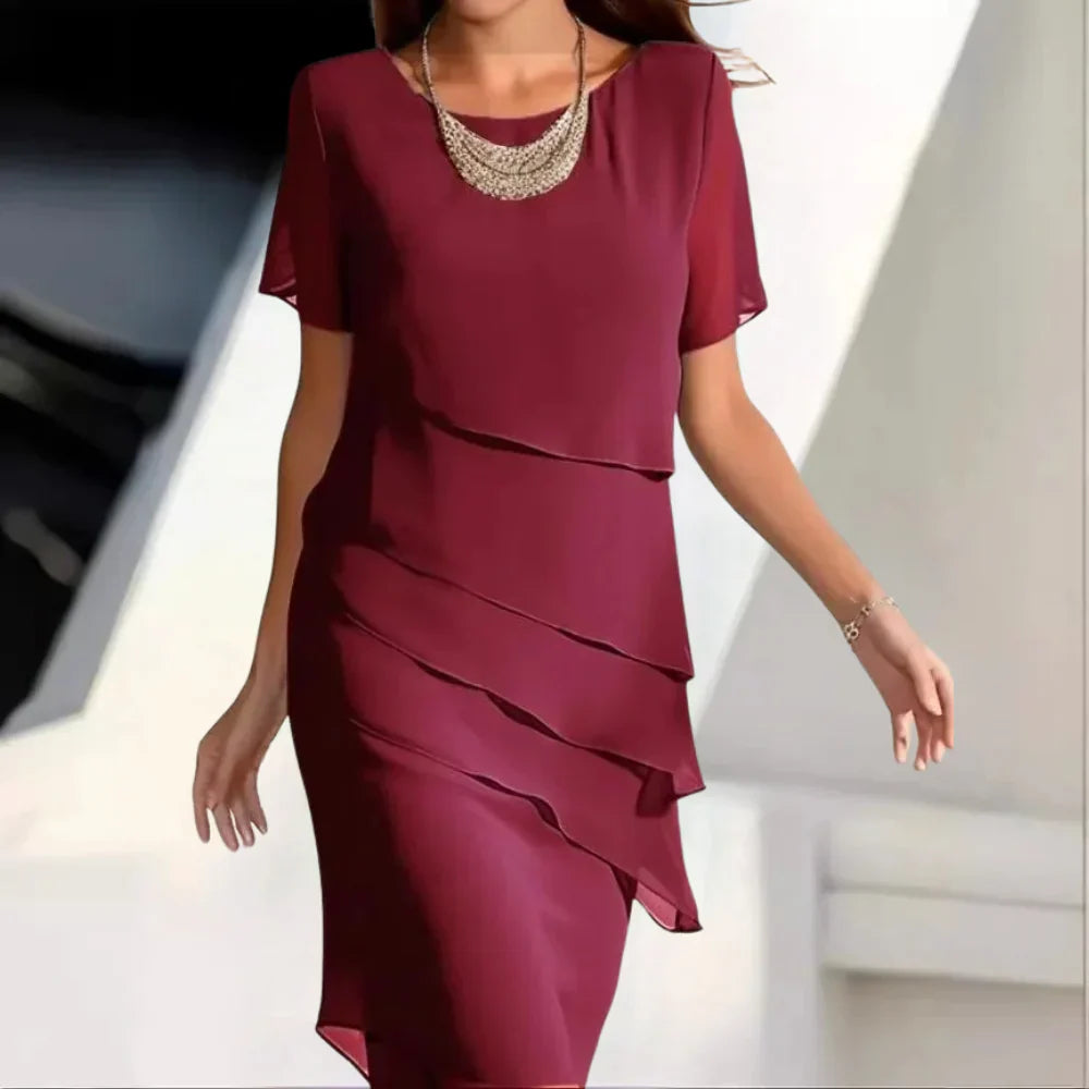 Elena Midi Dress Woman – Elegant Chiffon Dress with Tiered Design & Refined Details