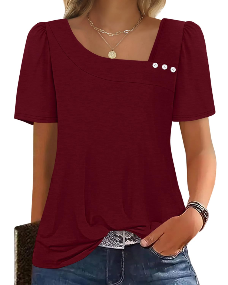 Emina Top Femme – Square Buttoned Collar, Short Puff Sleeves & Elegant Casual Style
