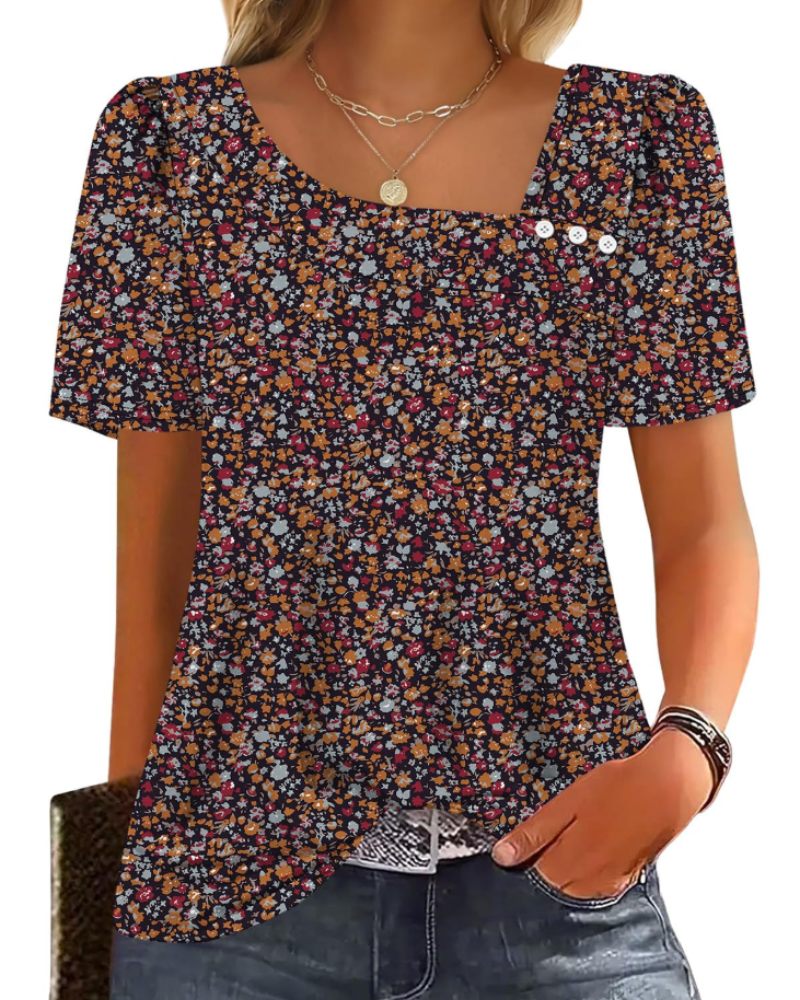 Emina Top Femme – Square Buttoned Collar, Short Puff Sleeves & Elegant Casual Style