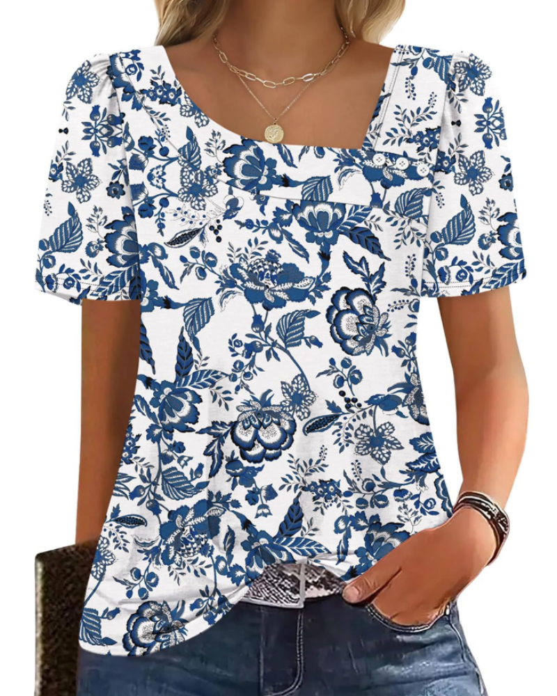 Emina Top Femme – Square Buttoned Collar, Short Puff Sleeves & Elegant Casual Style