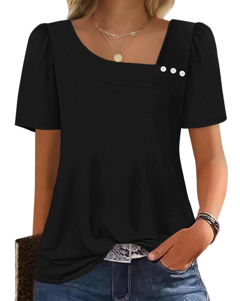 Emina Top Femme – Square Buttoned Collar, Short Puff Sleeves & Elegant Casual Style