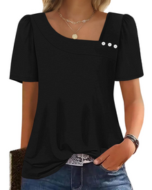 Emina Top Femme – Square Buttoned Collar, Short Puff Sleeves & Elegant Casual Style