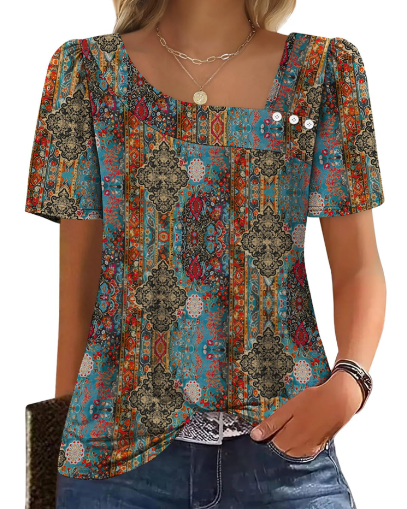 Emina Top Femme – Square Buttoned Collar, Short Puff Sleeves & Elegant Casual Style