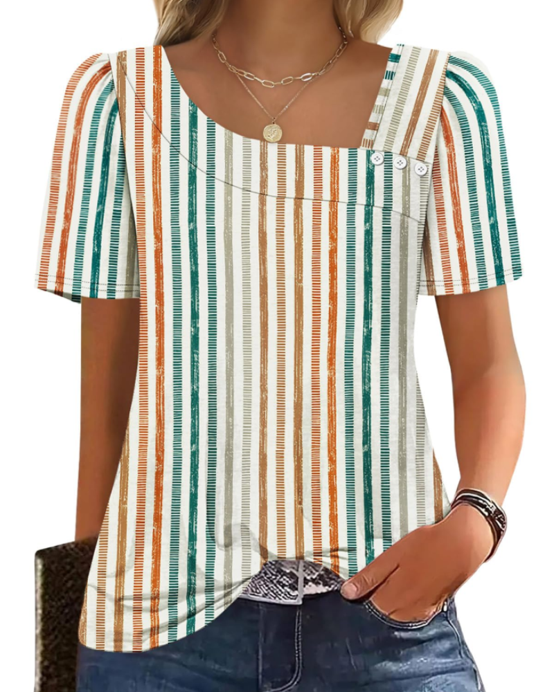 Emina Top Femme – Square Buttoned Collar, Short Puff Sleeves & Elegant Casual Style