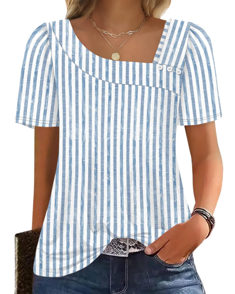 Emina Top Femme – Square Buttoned Collar, Short Puff Sleeves & Elegant Casual Style