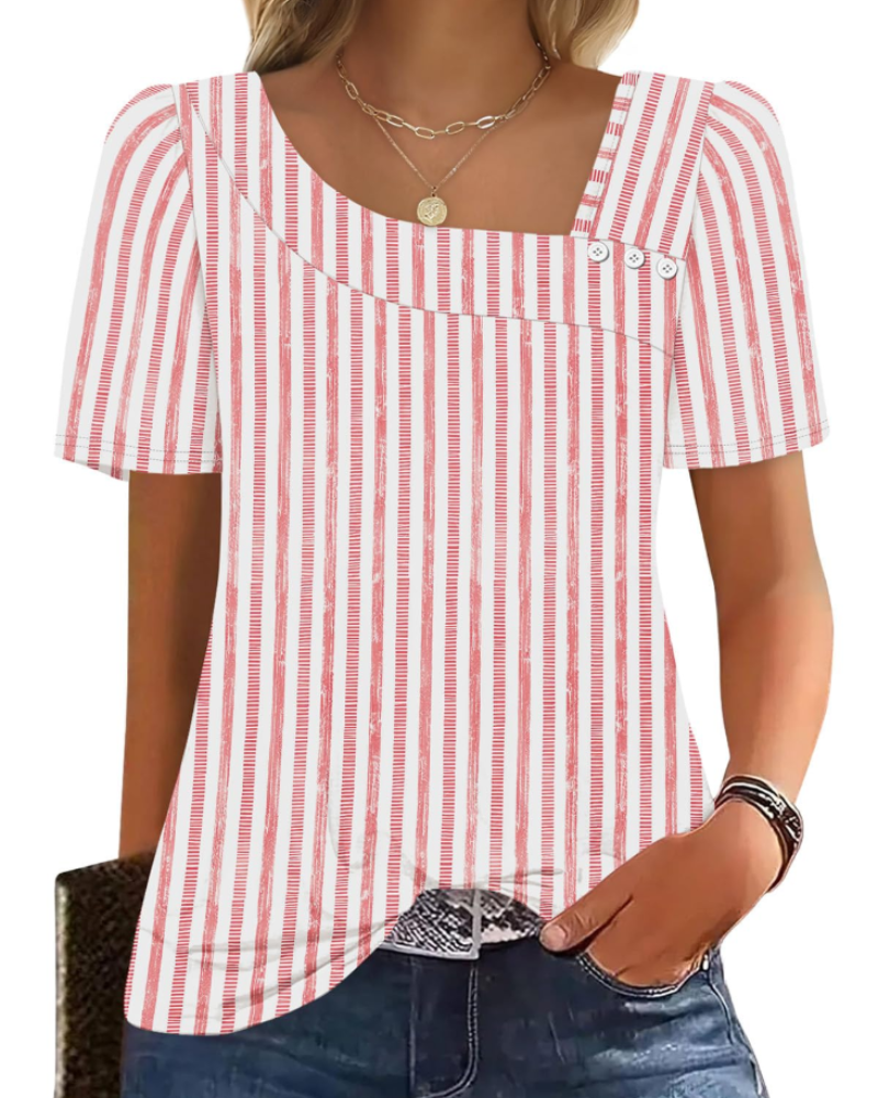 Emina Top Femme – Square Buttoned Collar, Short Puff Sleeves & Elegant Casual Style