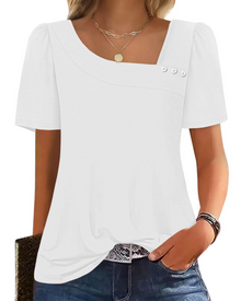 Emina Top Femme – Square Buttoned Collar, Short Puff Sleeves & Elegant Casual Style