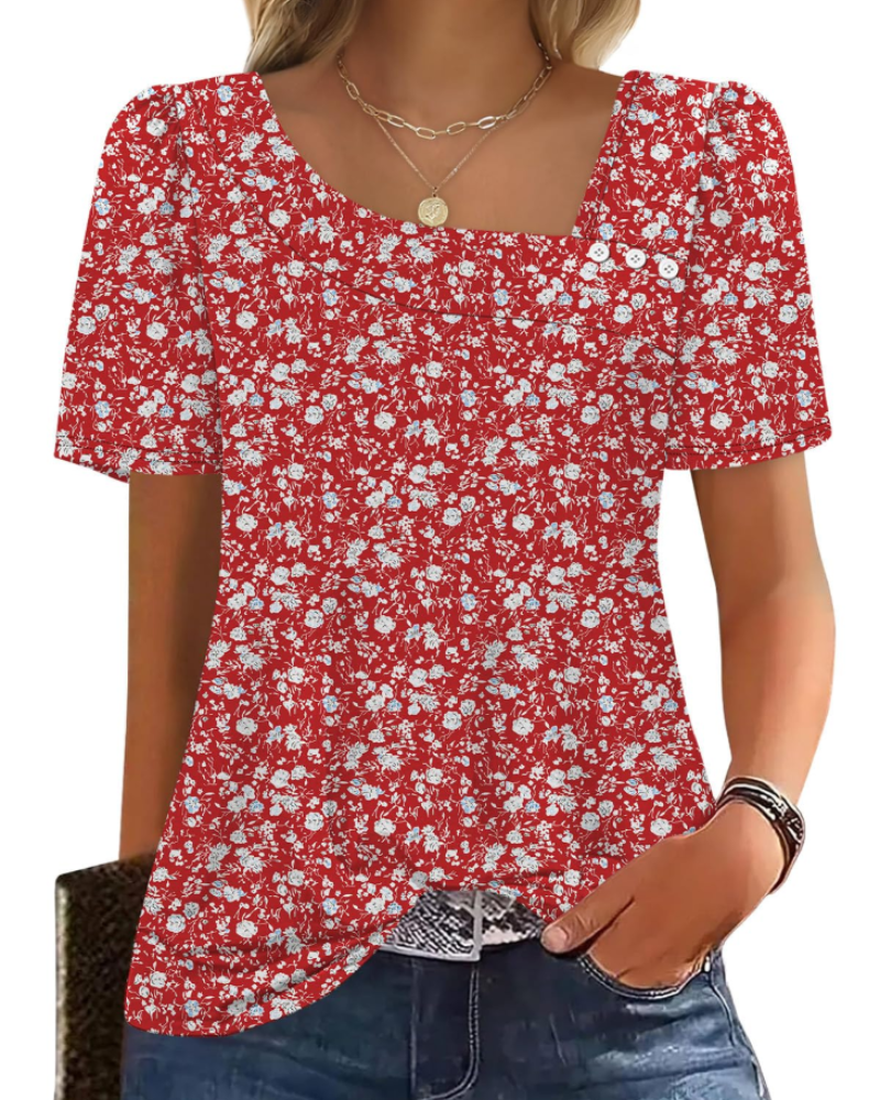 Emina Top Femme – Square Buttoned Collar, Short Puff Sleeves & Elegant Casual Style