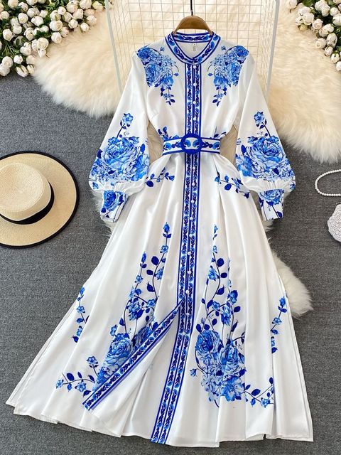 Alina Long Dress Woman – Vintage Dress with Floral Print and Elegant Lantern Sleeves