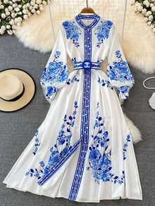Alina Long Dress Woman – Vintage Dress with Floral Print and Elegant Lantern Sleeves