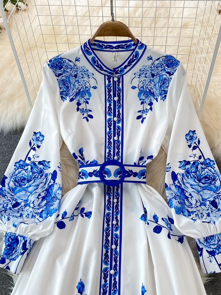 Alina Long Dress Woman – Vintage Dress with Floral Print and Elegant Lantern Sleeves