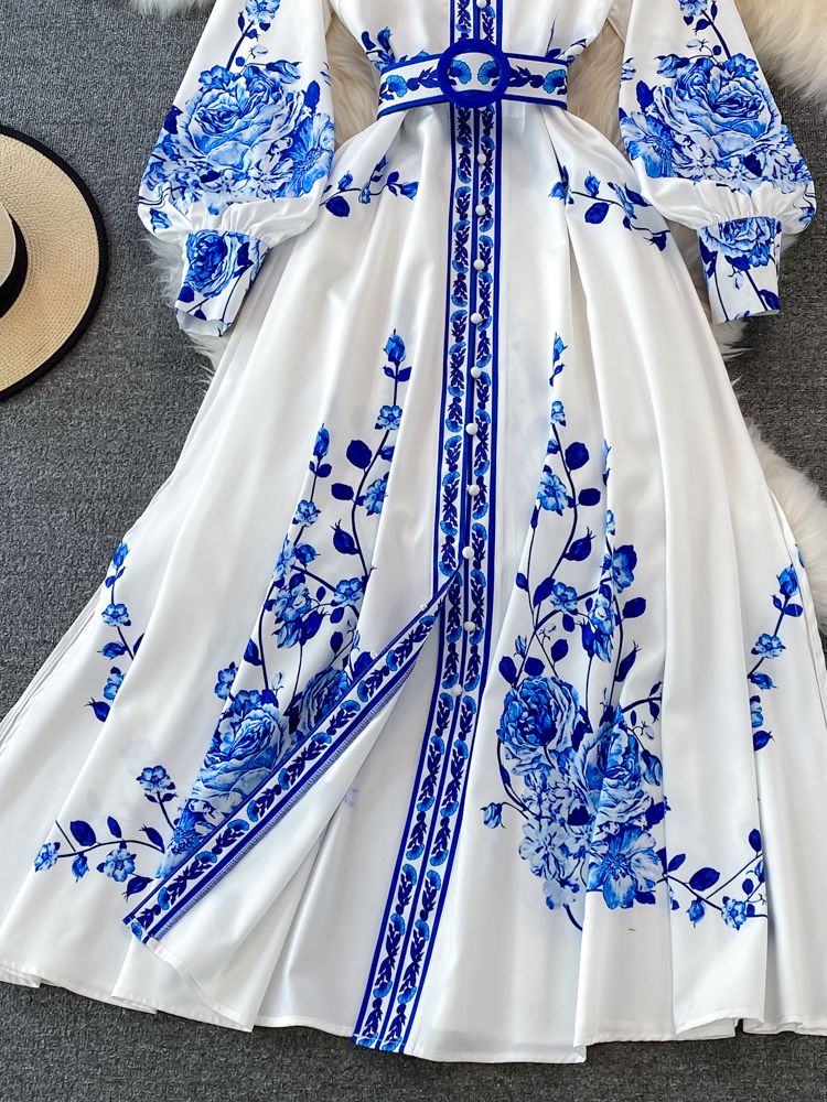 Alina Long Dress Woman – Vintage Dress with Floral Print and Elegant Lantern Sleeves