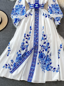 Alina Long Dress Woman – Vintage Dress with Floral Print and Elegant Lantern Sleeves