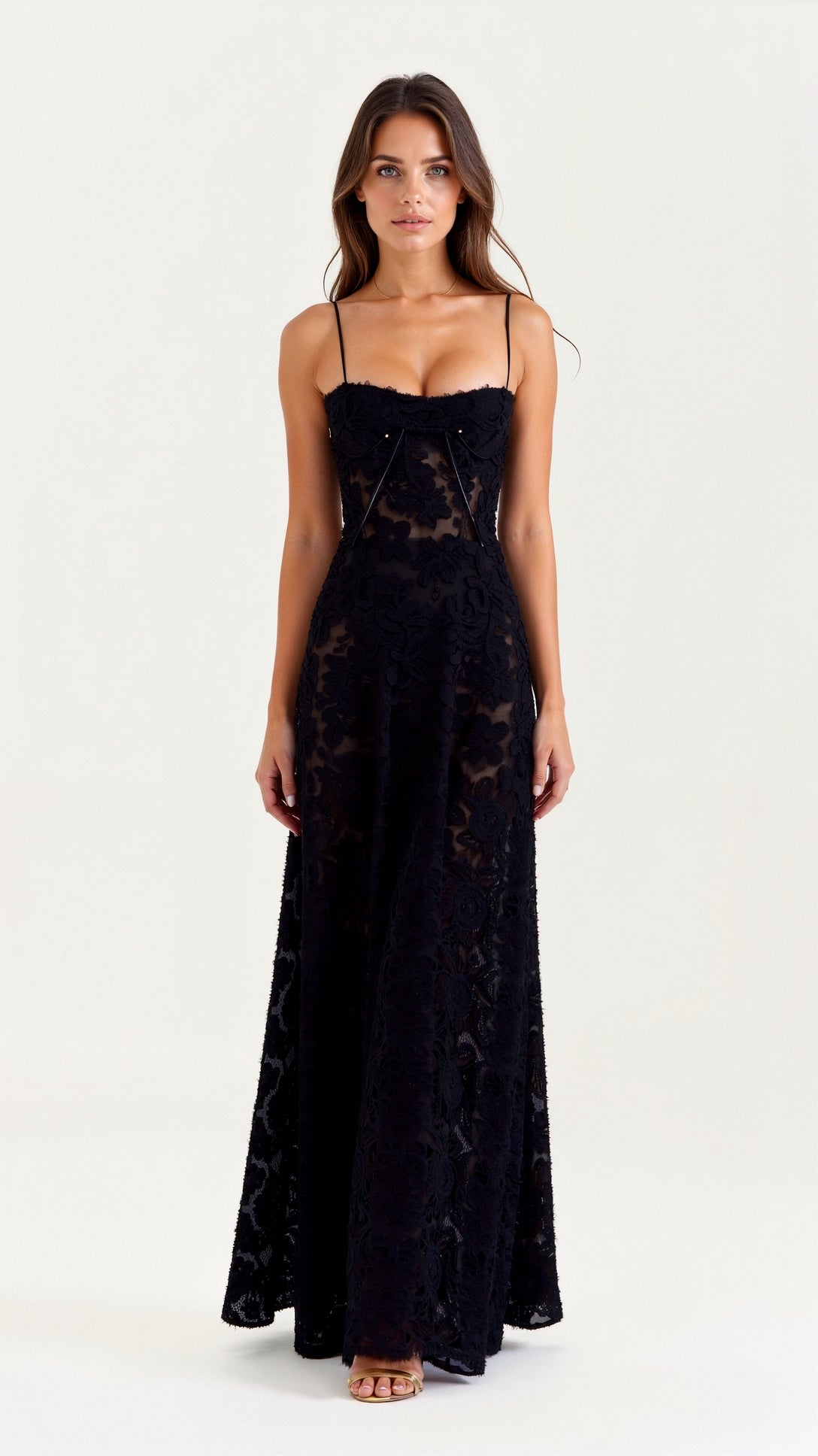 Naya Long Dress Woman – Dress with Thin Straps with Floral Embroidery and Adjustable Lace-up Back